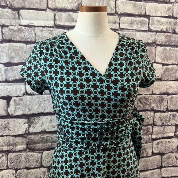 Harolds Brown & Aqua V-Neck Dress Size Small - Picture 2 of 10